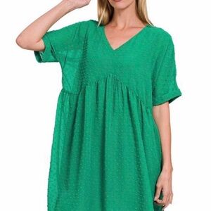 Zenana  Swiss Dot Babydoll V Neck  Lined Mini Dress Womens Size L